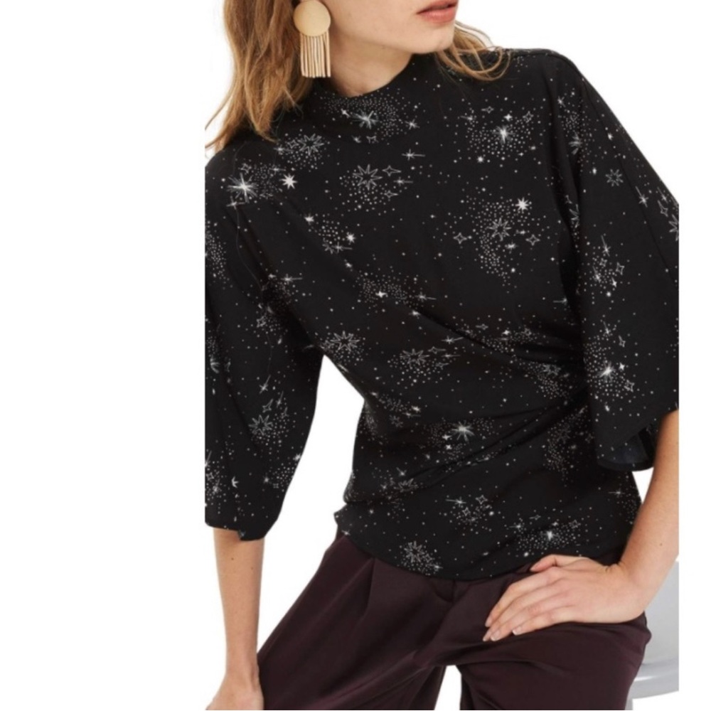 Topshop Black Star Print Origami Tucked Blouse